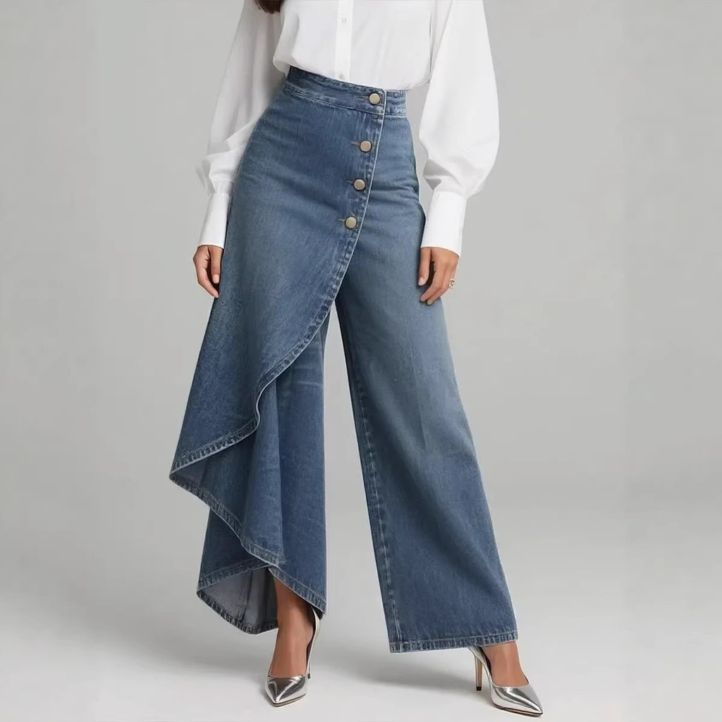 Calças Slim Fit de Comprimento Longo, Cor Sólida, Estilo Casual, Imitação de Jeans, Com Botões e Estampas LJES E51W