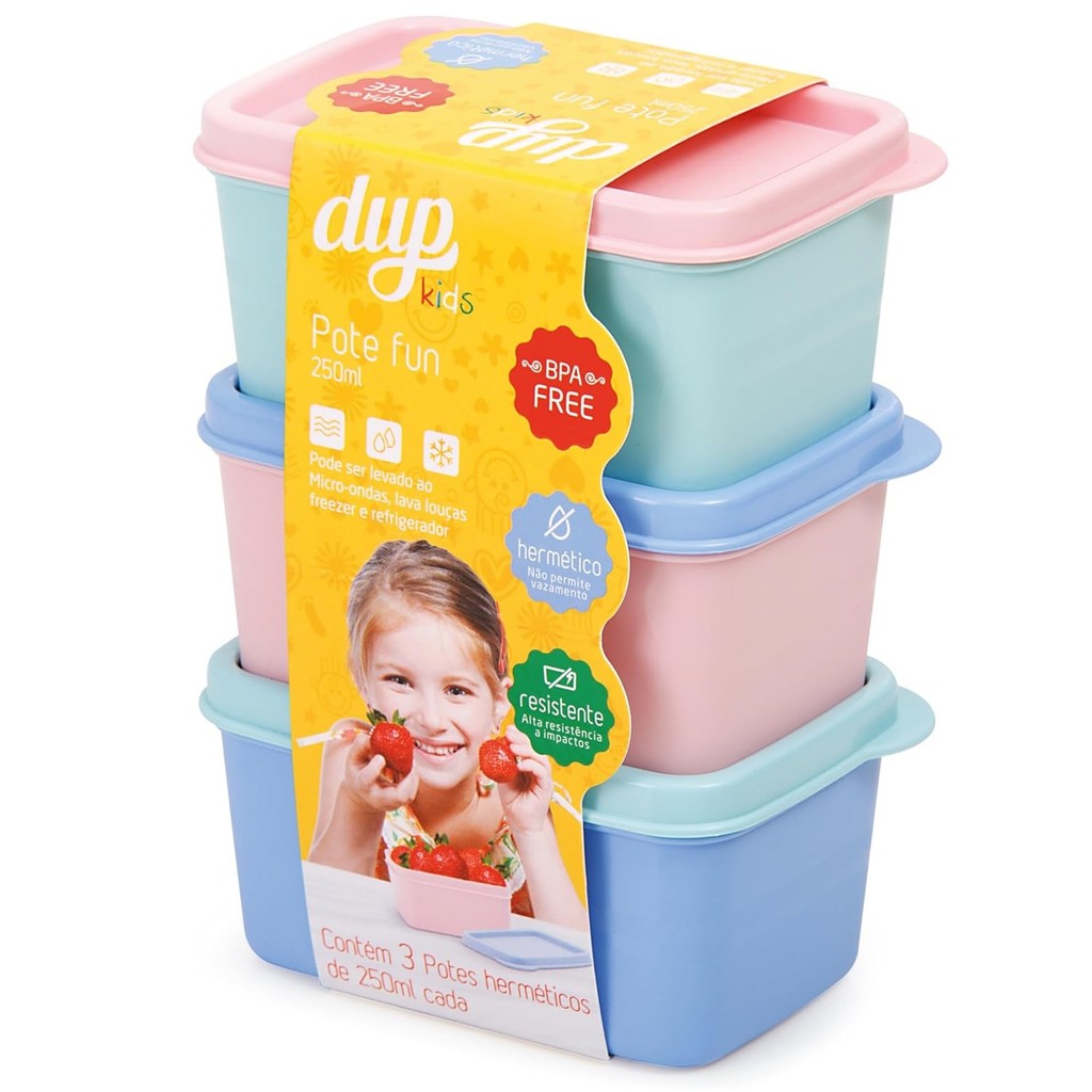 Kit 3 Potes Herméticos 250ml Papinha Frutinha Lanche Bebê Micro-ondas Freezer Geladeira Lava-Louça Antivazamento Sem Bpa