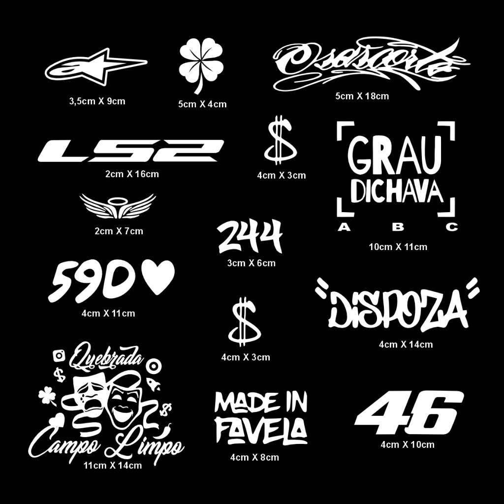 kit 14 Adesivos Quebrada Campo limpo Made in favela Osascorte dispoza Ls2 46 Asa Cifrão Grau dichava trevo 59D