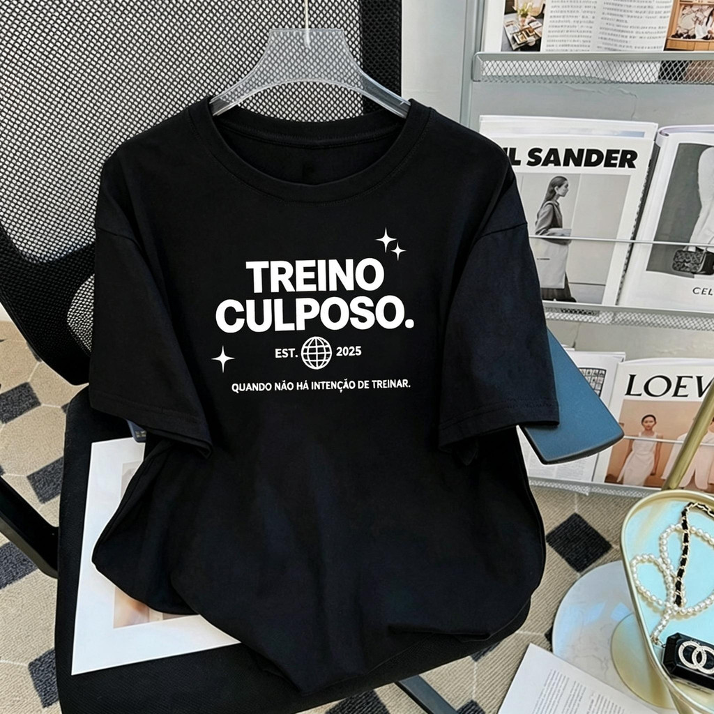Camiseta Feminina Confortável 100% Algodão Estampa Texto Divertido Treino Culposo Versátil Para Academia E Uso Diário