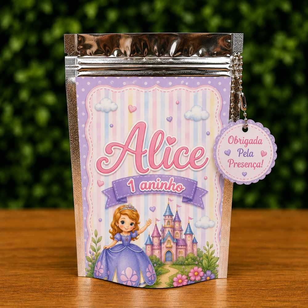 Saquinho Metalizado Ziplock A Princesa Sofia Personalizado /Lembrancinha de Festa /Aniversário