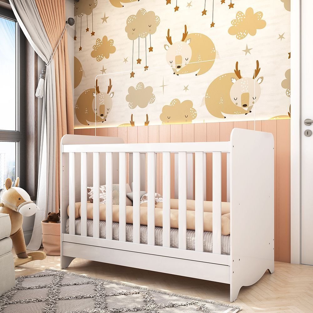 Berço Mini Cama Americano 100% MDF 3 em 1 Ben Branco/Brilho Branco Brilho