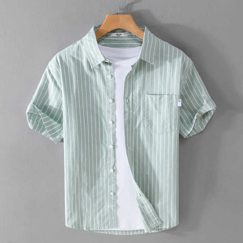 Camisa masculina de manga curta listrada de algodão puro fresco Oxford girando All-Match juventude estilo japonês literá