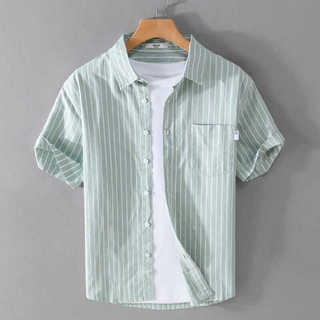 Camisa masculina de manga curta listrada de algodão puro fresco Oxford girando All-Match juventude estilo japonês literá