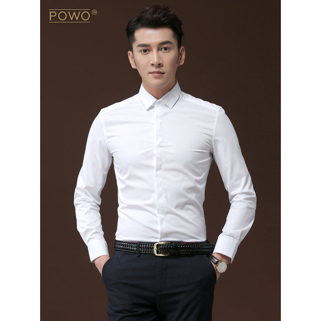 POWO camisa de manga comprida masculina camisa branca bordada Slim-fit negócios roupas casuais versão coreana camisa mas