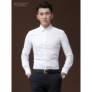 POWO camisa de manga comprida masculina camisa branca bordada Slim-fit negócios roupas casuais versão coreana camisa mas