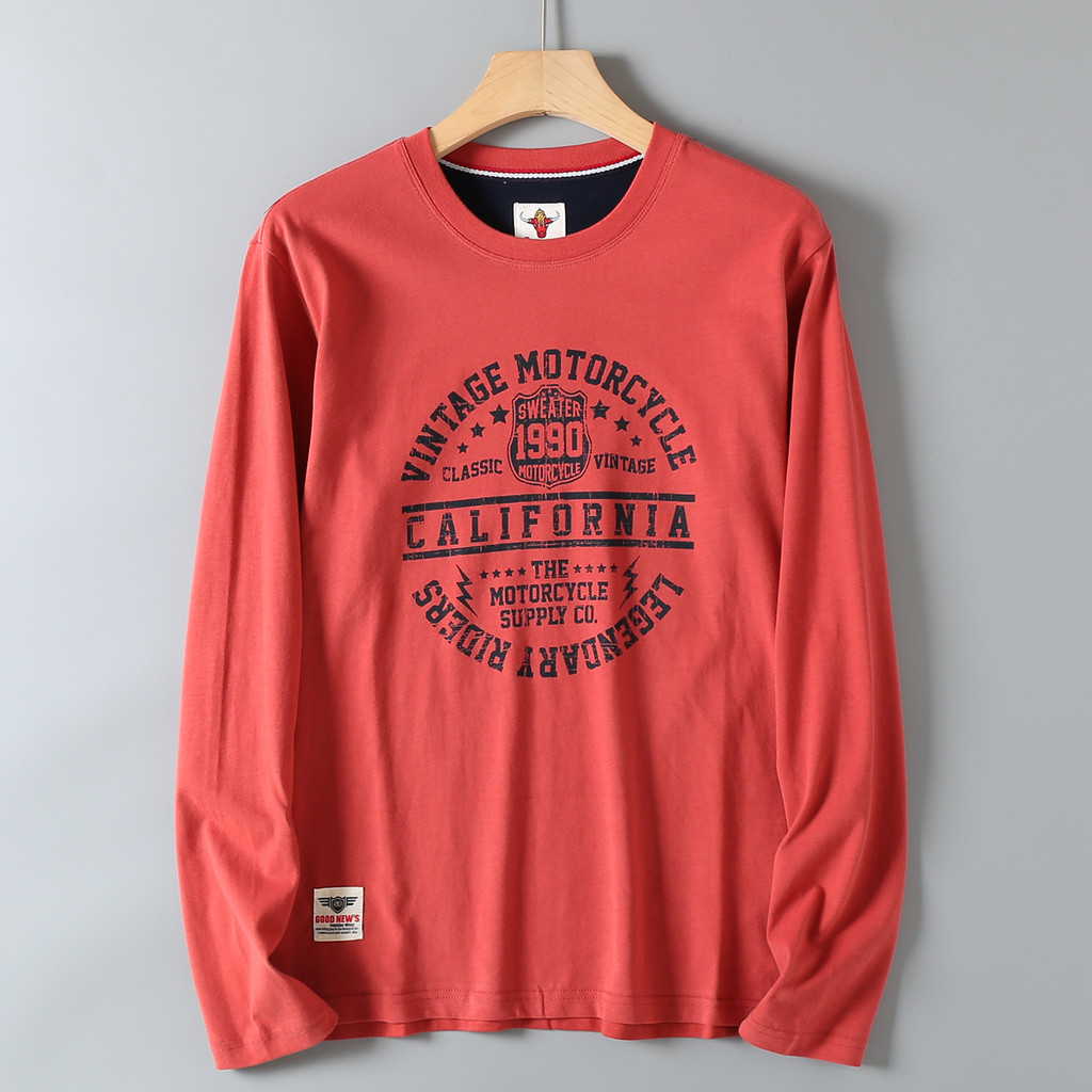 Retro na moda carta impressa de manga comprida camiseta masculina americano Casual lavado puro algodão escovado confortá