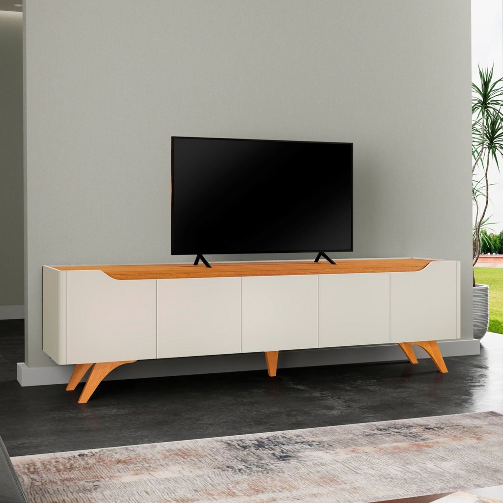 Rack para TV até 75 Polegadas 100% MDF 220cm Pés em Madeira Maciça 4 Portas Grécia Bege Off White/Naturalle