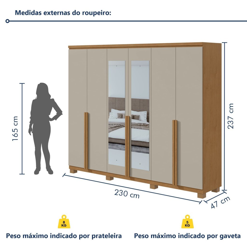 Guarda-Roupa Casal 6 Portas 4 Gavetas com Espelho e Pés MDF 230cm Alonzo Marrom Amêndoa Clean/Off White Amêndoa