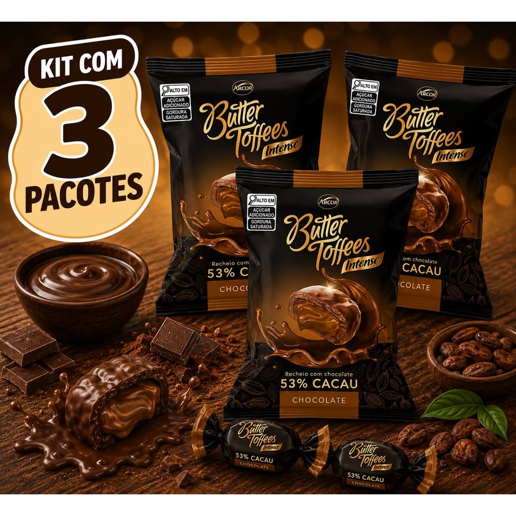Kit Com 3 Balas Mastigável Butter Toffees Intense 53% Cacau Chocolate Arcor 90g — imagem 2 de 2