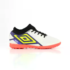 Chuteira Umbro Society Ux Jr Branco Roxo e Coral - Juvenil