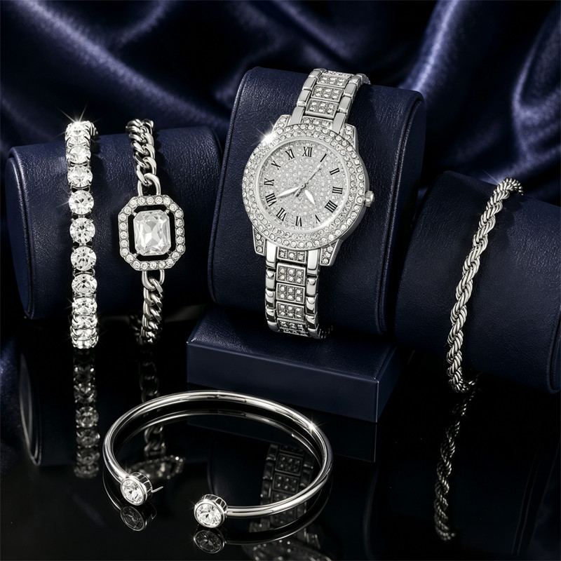 Kit Relógio Feminino + 4 Pulseiras - Com Zircônios Prateado