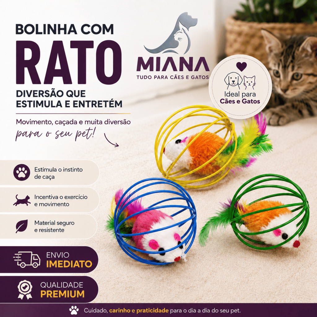 Kit 2 Bolas com Rato para Gato Inox e Penas Brinquedo Interativo Gatinho