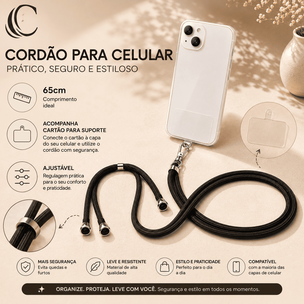 Cordão para Capinha de Celular 65cm com Suporte e Mosquetão