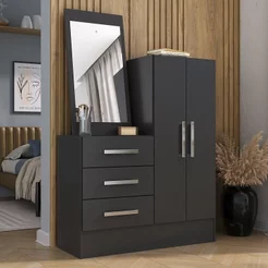 Cômoda para Quarto 3 Gavetas 2 Portas com Espelho Dunas Yescasa Preto