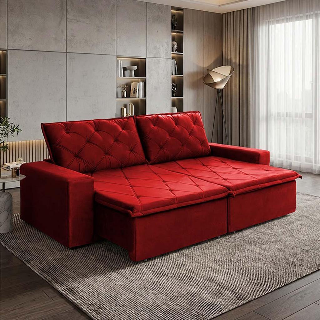Sofá Cama Bangkok Sem Caixa 2,30m Retrátil e Reclinável Com Molas Velut Vermelho- King House