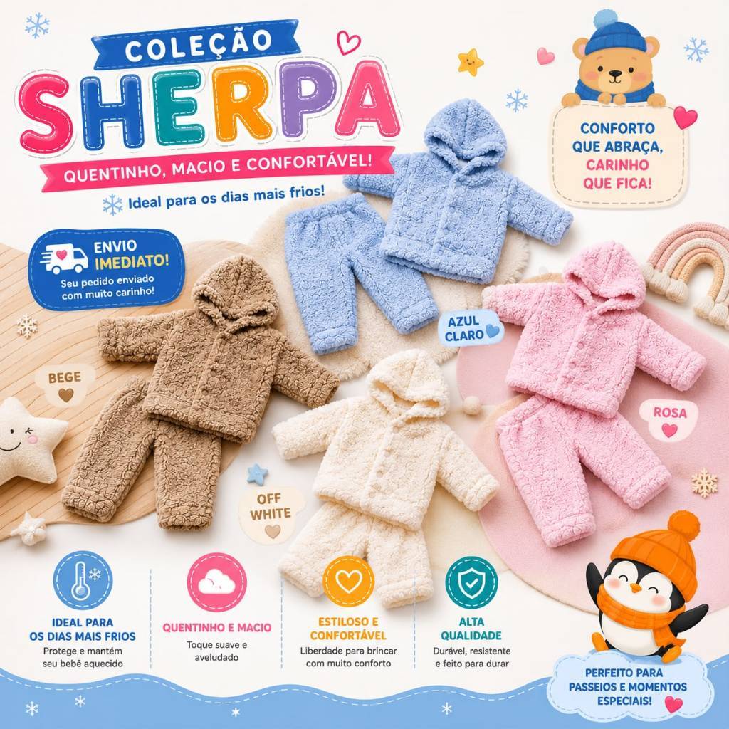 Conjunto Sherpa Bebê Infantil Peluciado Inverno Quentinho Macio Com Capuz Unissex P ao G 0 a 9 Meses