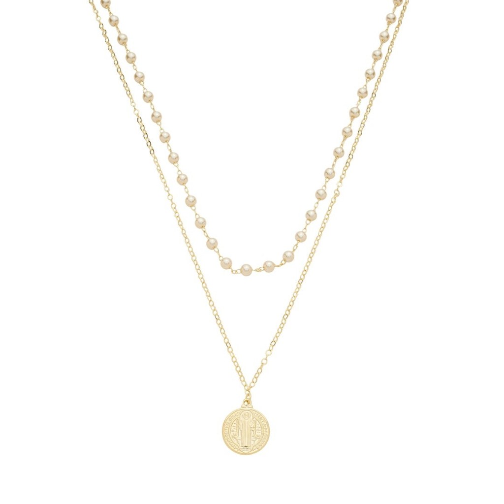 COLAR DE PÉROLAS MEDALHA SÃO BENTO FOLHEADO A OURO 18K