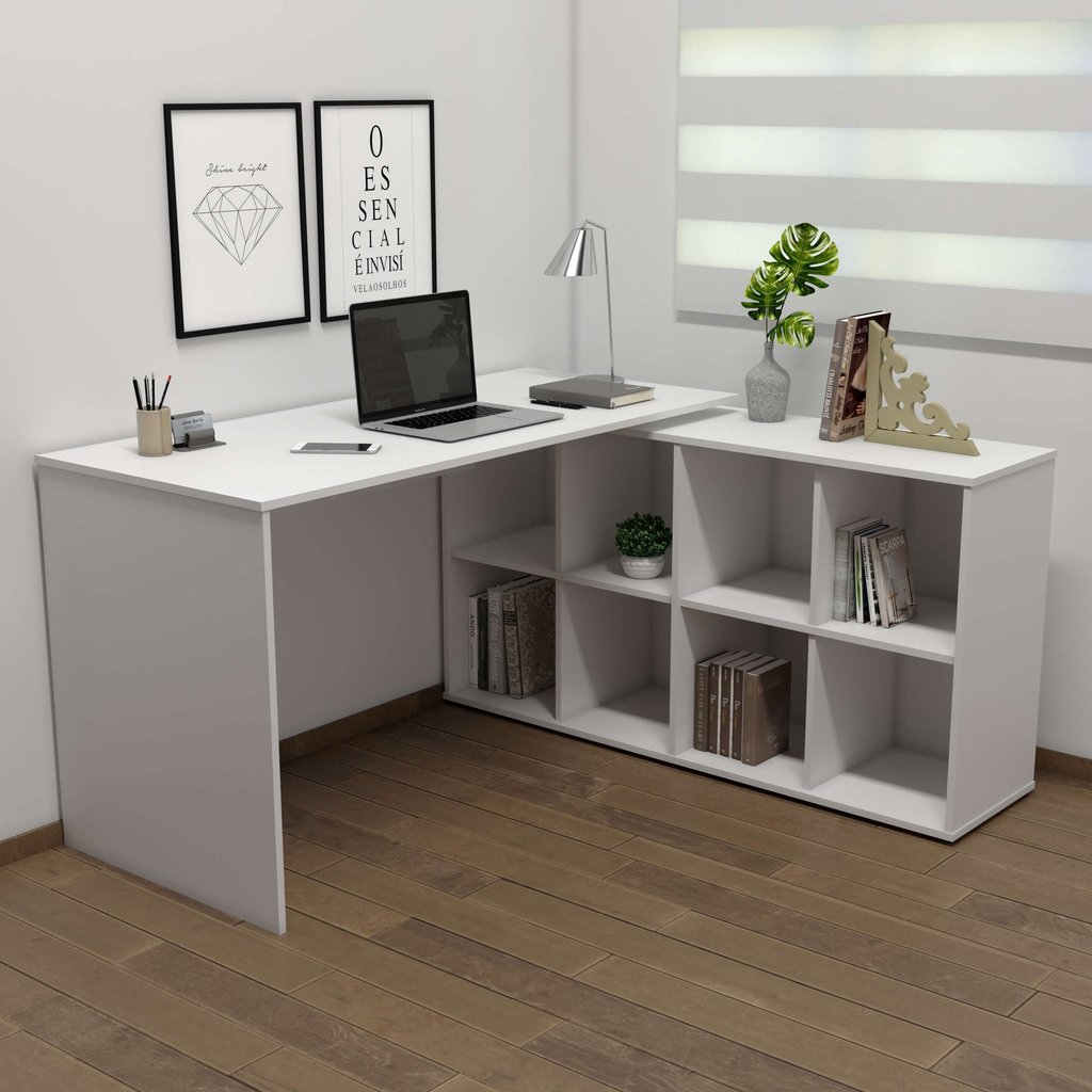 Escrivaninha Mesa Escritório Ergonômica e Atemporal em L com para Armazenamento Nero 8 Nichos 135cm Branco