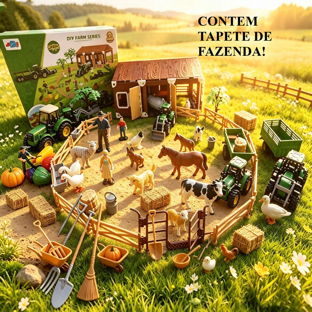 Conjunto Brinquedo Fazenda 40 Peças / 102 Peças Animais de Fazenda Trator Ferramentas Agricultor Tapete Educativo MARAVI