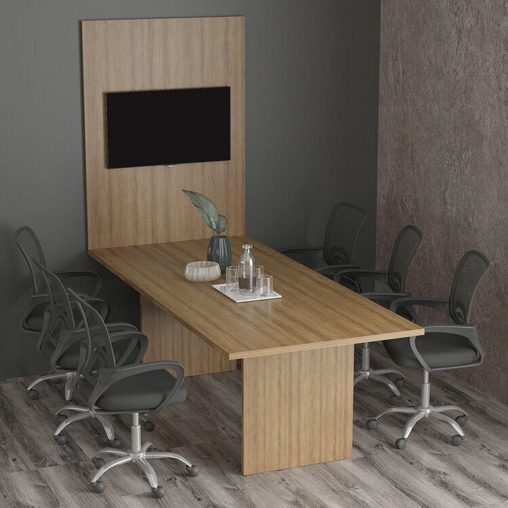 Kit com Mesa para Reunião 6 Lugares e Painel para TV até 37 Polegadas Marrom/Amendoa Amêndoa