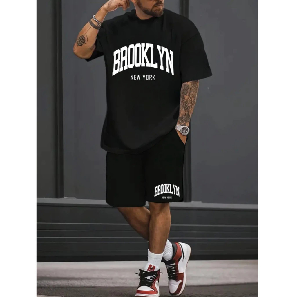 Kit Camisa e Short Tactel Masculino Brooklyn Moderno Casual Estiloso Tendencia Confortavel Verão