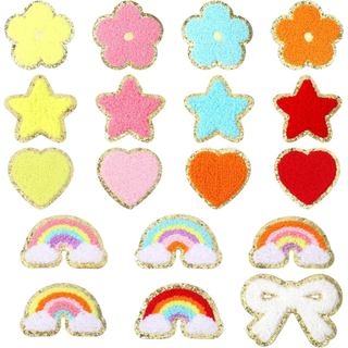 18 Patches Adesivos, Patches Coloridos Termocolantes com Bordas de Lantejoulas em Diversos Designs, Coração, Borboleta, 