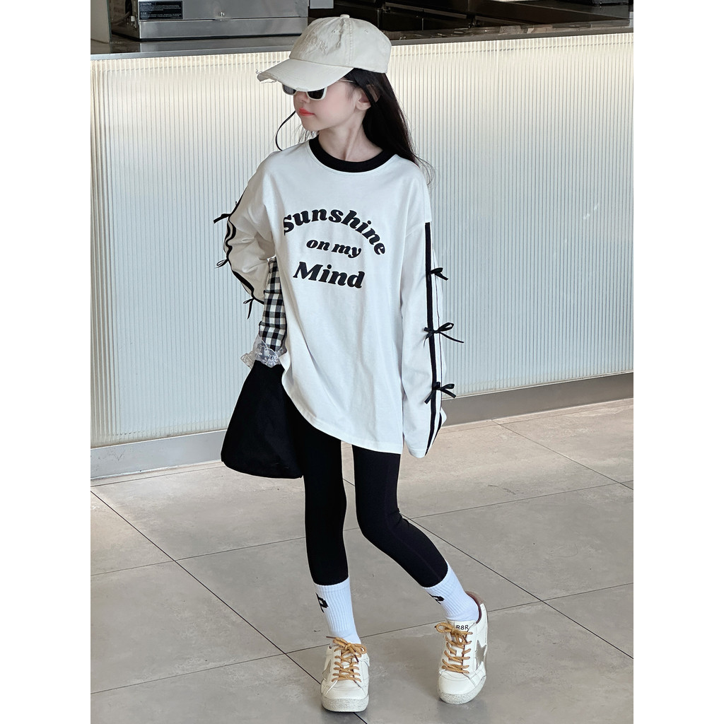 Meninas de manga comprida camiseta puro algodão 2026 novo estilo moda crianças primavera outono estilo grandes crianças 