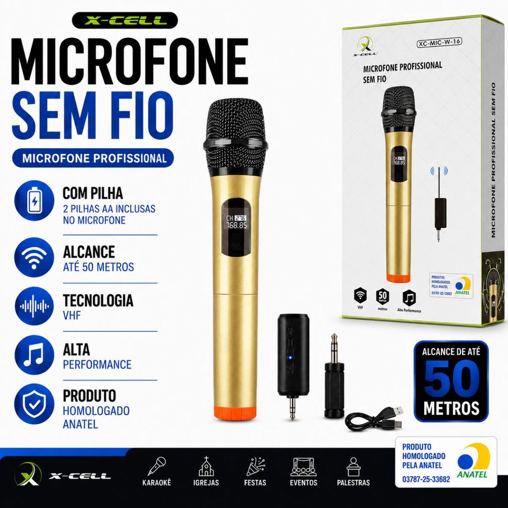 Microfone Profissional Sem Fio Vhf Dinâmico Com Receptor Para Karaokê Palestras Eventos