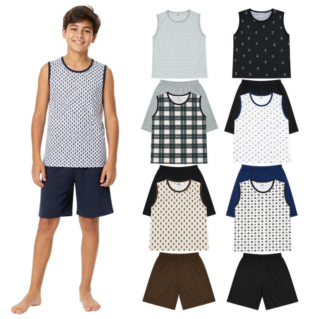 Pijama Regata Machão e Short Estampas Sortidas Juvenil Masculino Tam. 10 ao 16