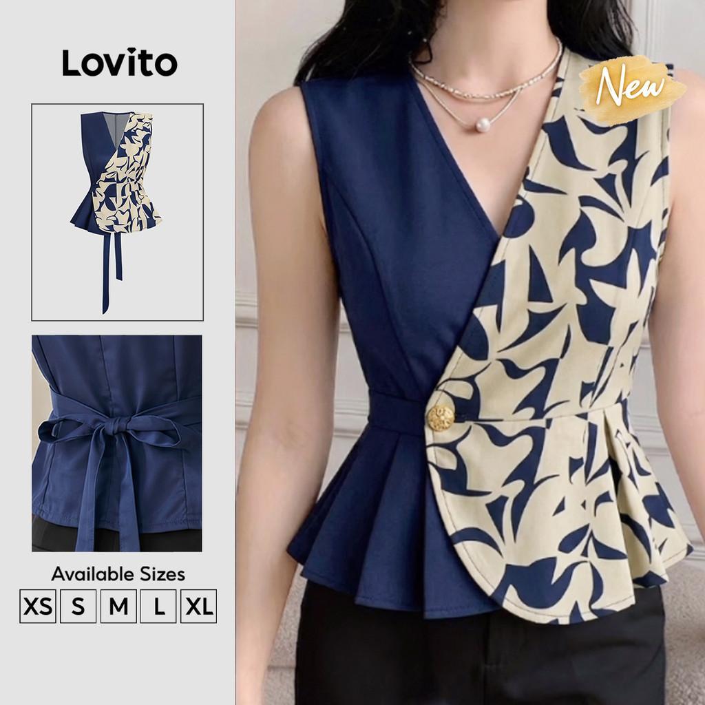 (New Arrival) Lovito Elegante Blusa com com Costura em Cores Contrastantes Blusa