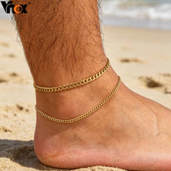 Conjunto De Tornozelo Fashion De Aço Inoxidável Vnox 316 Para Homens Com Corrente Dourada 2 Peças Tornozeleira Prateada