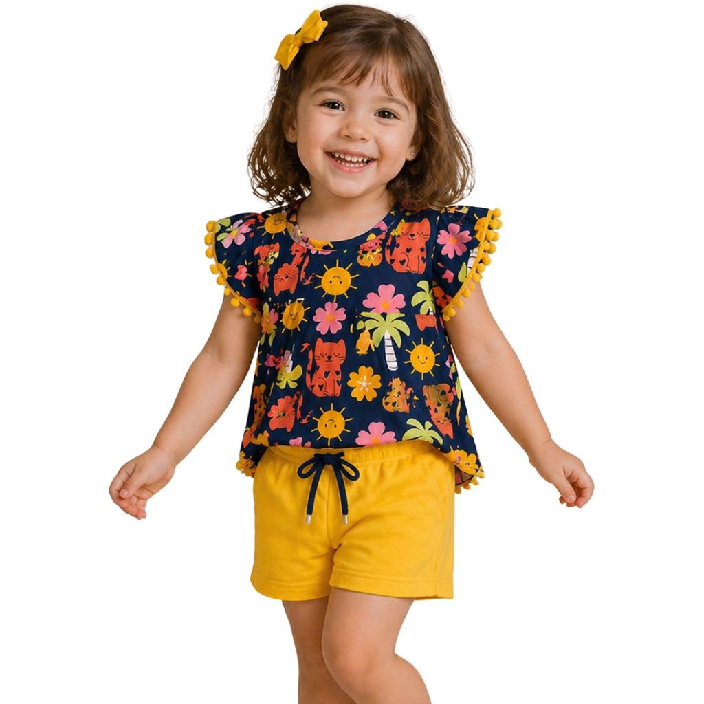 Conjunto Infantil Menina Kyly Azul Marinho Estampada Blusa e Short 1001787