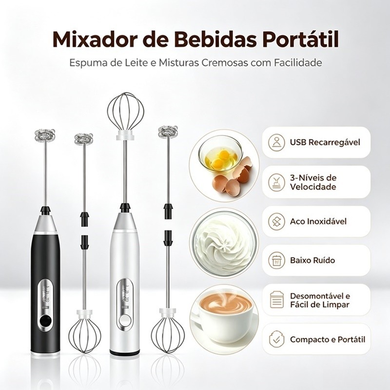 Mini Misturador Batedor Mixer Elétrico 2 em 1 para Bebidas Leite Café e Clara de Ovo Recarregável AIRER.BR