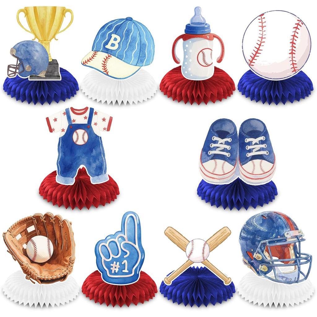 Decorações para Chá de Bebê com Tema de Beisebol: "O Pequeno Rebuçador está a Caminho". Centros de Mesa em Forma de Favo