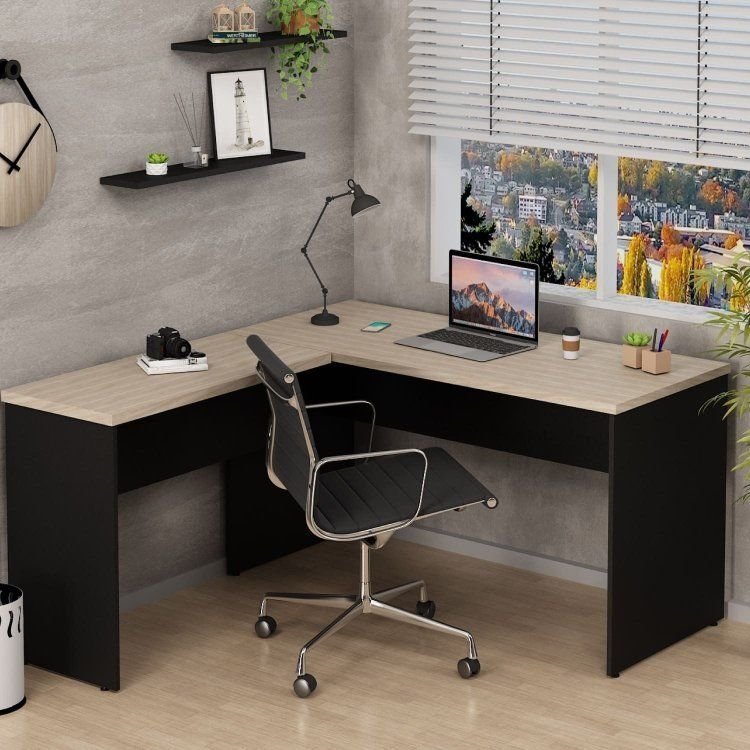 Mesa de Canto em L para Escritório Tampo 140cm Carvalho Bege Carvalho