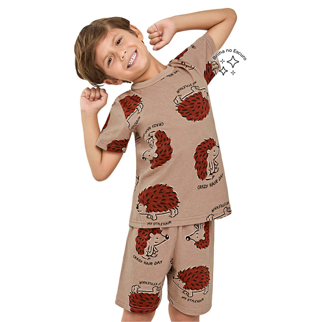 Pijama Curto Menino Infantil Ouriços Elian Marrom