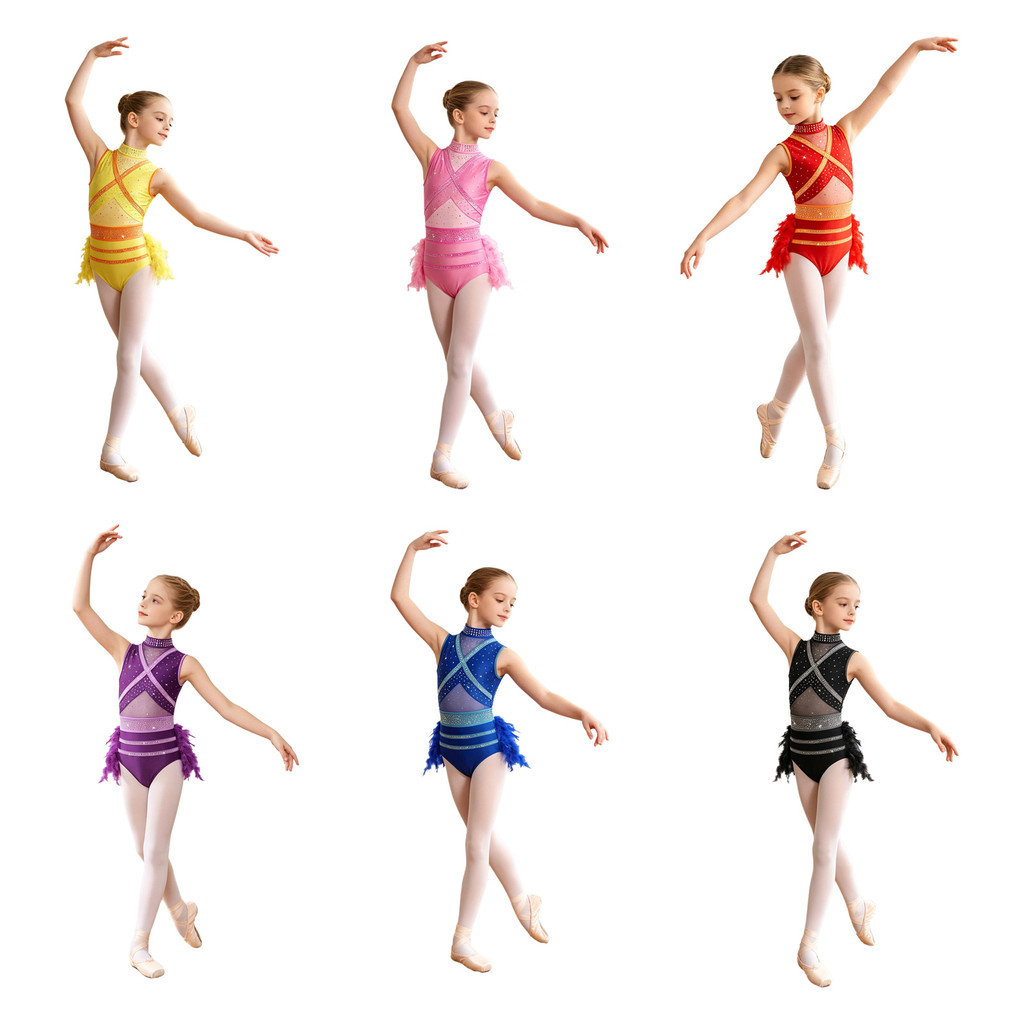 Yeahdor Crianças Meninas Dança Desempenho Traje Simulado Pescoço Sem Mangas Malha Retalhos Pena Recorte Volta Brilhante