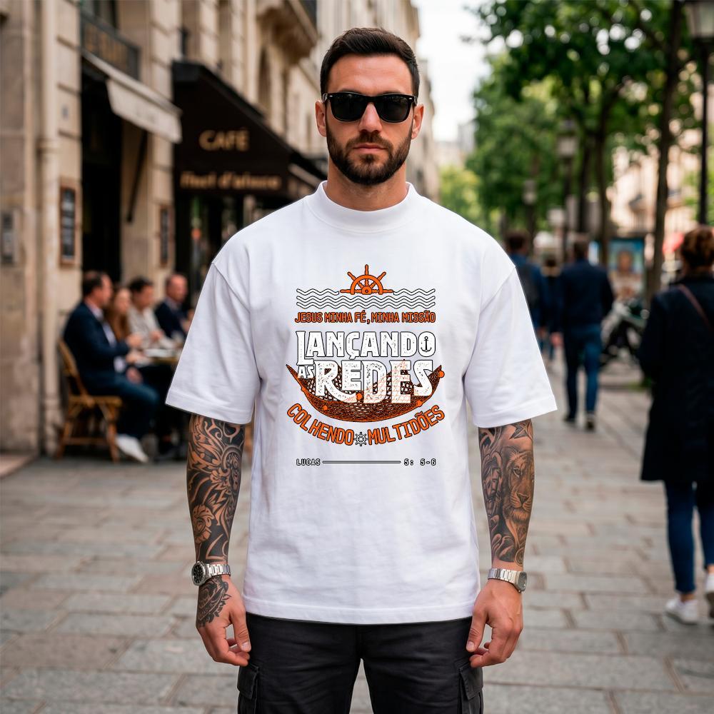 Camiseta Oversized Suedine Masculina Estampada Cristã Lançando as Redes Streetwear