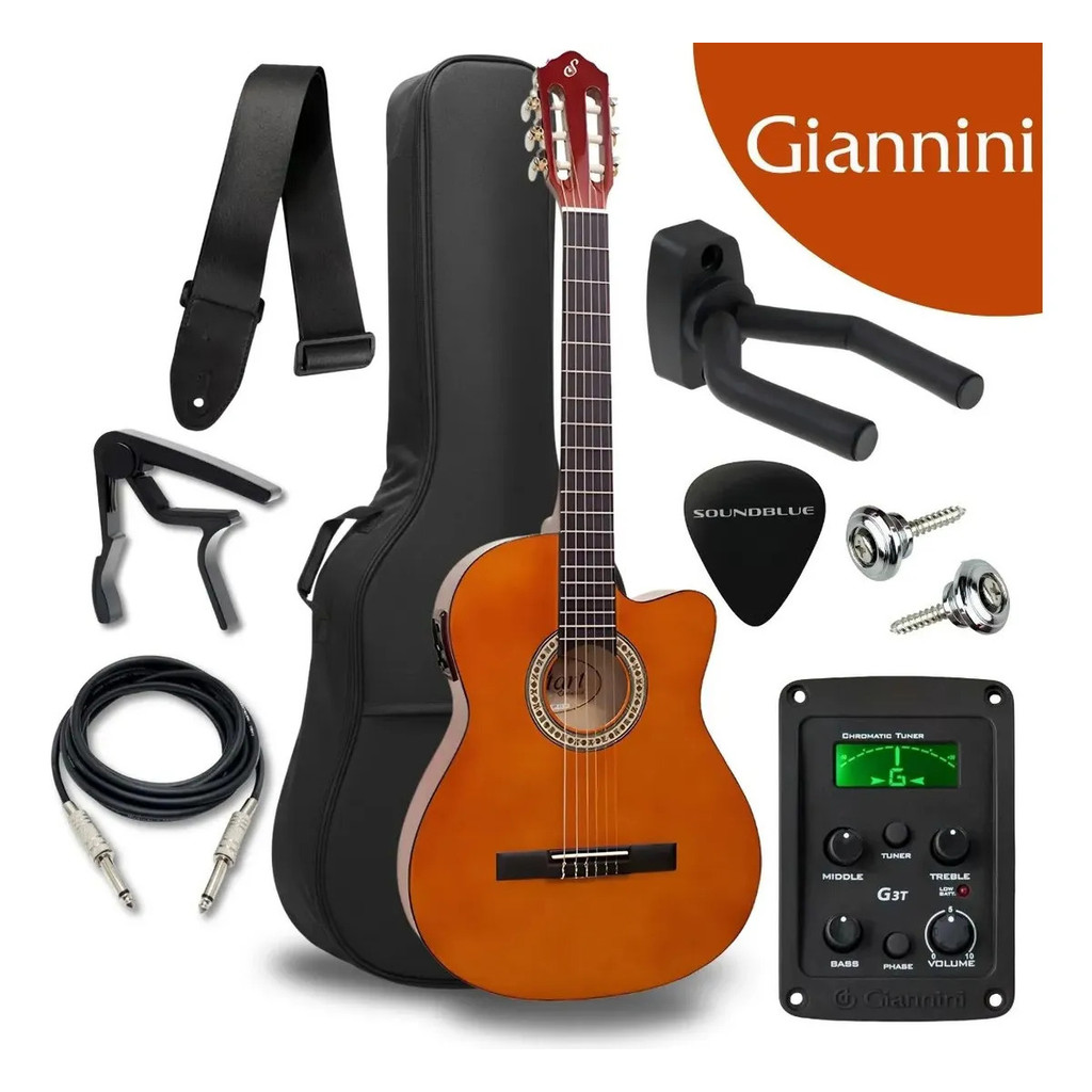 Kit Violao Giannini Eletroacustico Corda Nylon Destro Flat C