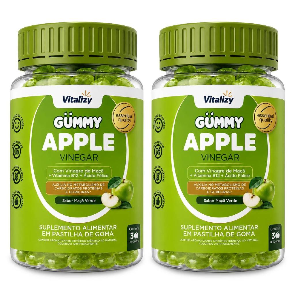 Kit 2x30 Gummy Vinagre de Maçã em Gomas Apple Cider Vinegar Zero Açúcar Sabor Maçã Verde Vitalizy