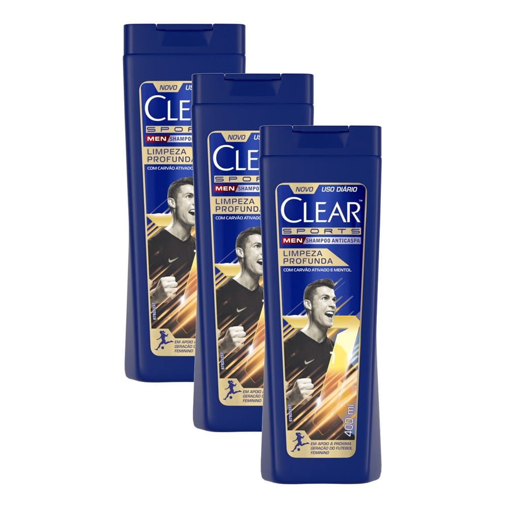 Kit 3 Shampoo Anticaspa Clear Men Sports Cristiano Ronaldo Limpeza Profunda 400ml