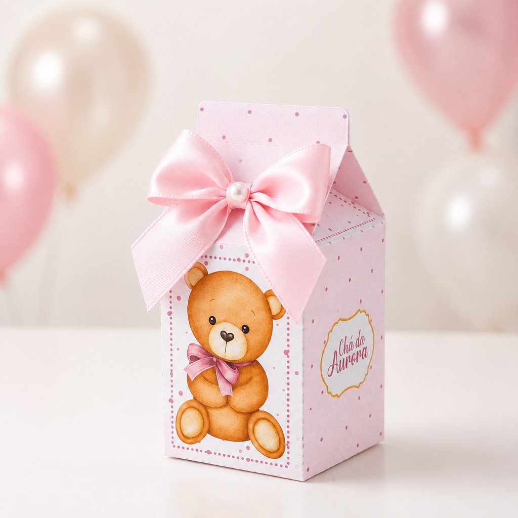Caixa Milk Personalizada Ursinha Rosa | Chá de Bebê | Chá Revelação | Lembrancinha