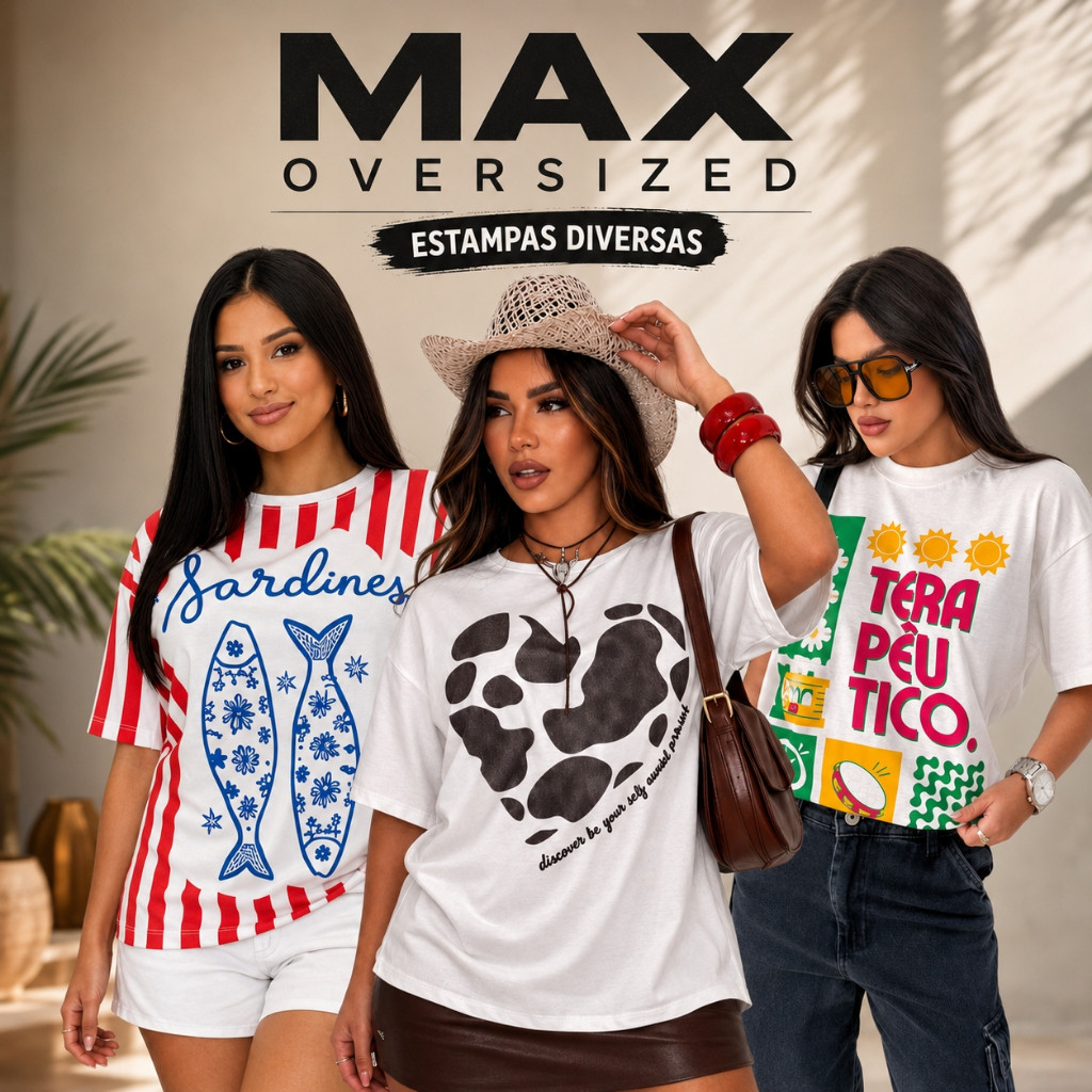 Max Blusão Oversized Blusa Feminina Diversas Estampa Camiseta 100% Algodão StreetWear