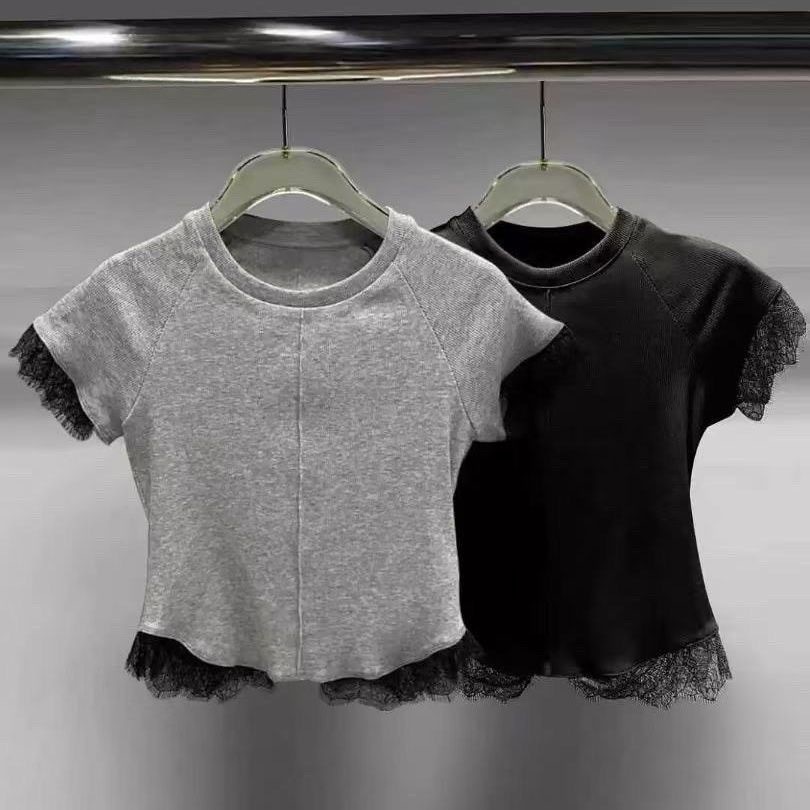 2026 Verão Novo Estilo Versão Coreana Meninas Cor Sólida Manga Curta Camiseta Doce Renda Costura Em Torno Do Pescoço Ver