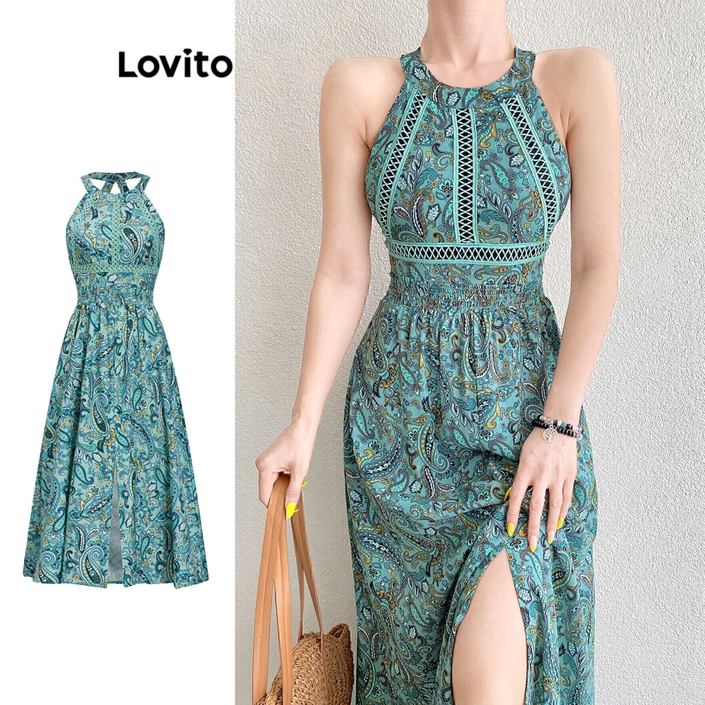 Lovito Férias Vestido Paisley Geométrico Split Front Vestido De Verão/Primavera