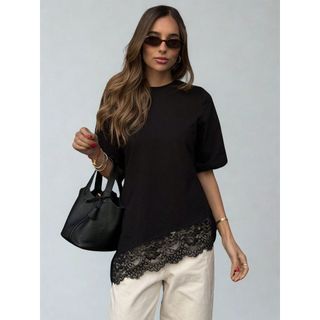Blusa Feminina Assimétrica com Detalhe em Renda Tendencia Casual 100% Algodão Premium