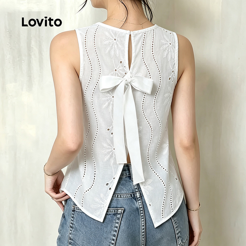 Lovito Top Boho Feminino com Laço Traseiro e Pregas Branco Primavera/Verão TKK8P1D670 · foto 2