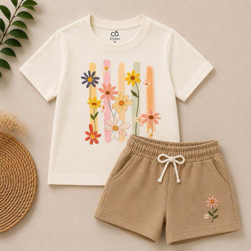 Conjunto Infantil Menina Camiseta Estampada Floral + Short Moletinho com Cordão – Look Verão Feminino Estiloso