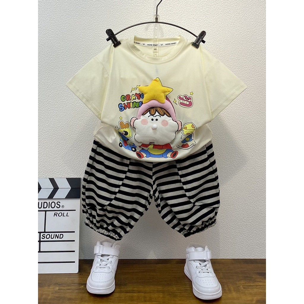 Meninos verão conjunto de camiseta de manga curta 2026 novo estilo moda crianças versão coreana calças listradas conjunt